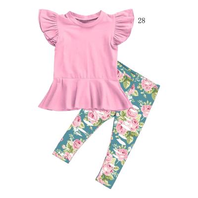 China TZ-305-YXN Spandex/Polyester Toddler Babies Clothing Sets Pink Ruffle Sleeve Tops And 2pcs Gaiters Summer Simple Outfits for sale