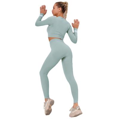 China 2021 Breathable New Style Zipper Shirt Sports Breathable Tight Running Suit Women's Long Sleeve Pants Two-Piece Suit for sale