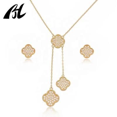 China TRENDY Stain Custom Dubai 24K Gold Brass Inlaid AAA Zircon Jewelry Set Jewelry Clover Earrings Necklace Jewelry Sets For Women for sale