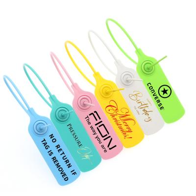 China Durable Plastic Garment Hang Tags Zip Tag Authenticity Buckle Custom Logo Hanging Retail Apparel Tags for sale