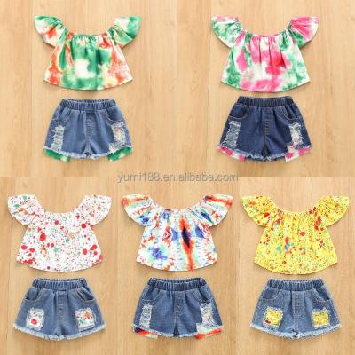 China Girls Antibacterial Clothing Sets 2023 Summer Baby Casual Suit Kids Clothes Sequins Lace Up T-shirt+Denim Skirt Kids Suit 2-7yrs for sale