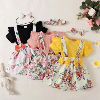 China Antibacterial Girls Clothing Sets 2023 Girls Clothes Summer Printed Shirt Bow Short Sleeve T-shirt+Skirts Suits 2Pcs Princess Dress Girl for sale