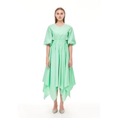 China Factory Supply Candy Color Breathable V-Neck Ruffle Empire Plus Size Casual Dress Lantern Sleeve for sale