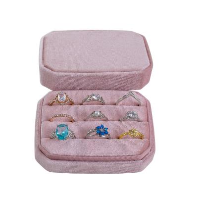 China Custom Handmade Luxury Pink Velvet Three Logo Slots Pink Velvet Ring Box Packaging Nine Ring Jewelry Display Packaging Storage Boxes for sale