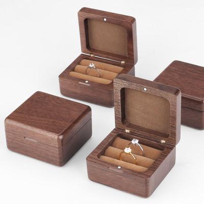 China Jewelry Packaging Square Walnut Wooden Magnetic Natural Jewelry Studs Ring Storage Box for sale