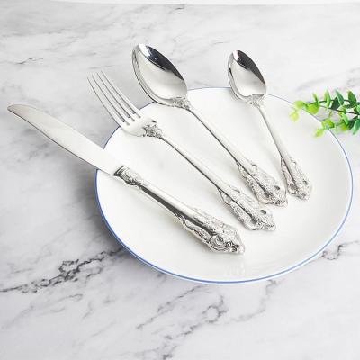 China Sustainable Royal Style Stainless Steel Engraved Handle Silverware Fork Spoon Set Luxury Flat Dinnerware for sale