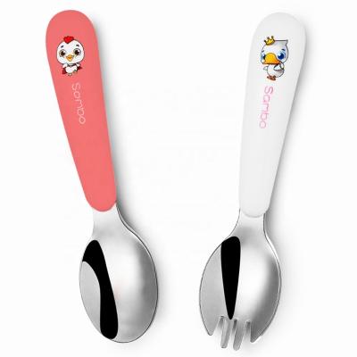 China Viable Colorful PP Handle Toddler Plastic Spoon Set Portable Stainless Steel Child Fork Spoon Flatware Set for sale