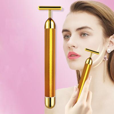 China Skin Rejuvenation T Shape Electric Face Slimming Massage Stick 24k Gold Beauty Stick Facial Lift Massager for sale