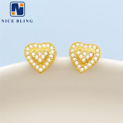 China Fine Pass Diamond Tester Wholesale Price Hip Hop Earring Stud Jewelry Micro Pave Earrings 18K Sterling Silver Gold Heart Shape 925 Stud Earrings for sale