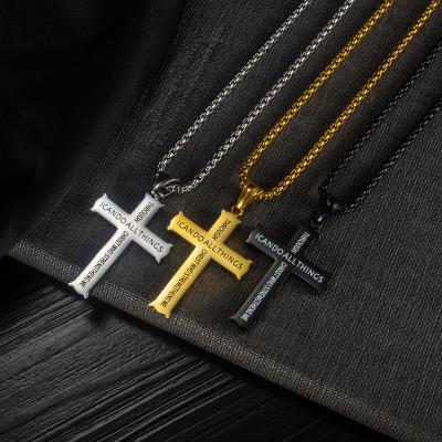 China Religious Inspired Engraved Jewelry I CAN DO ALL THINGS Logo Stainless Steel Silver Gold Black Cross Pendant Custom Necklaces for sale