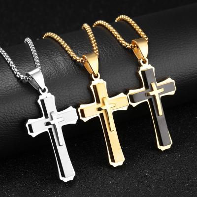 China Religious Large Titanium Steel Cross Pendant Necklace For Men Boys Teen Jewelry Three Layers Jesus Cross Crucifix Necklaces With Box Chain for sale