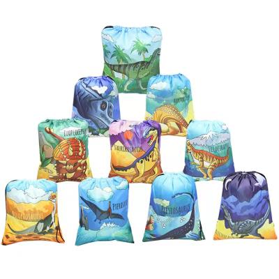 China 2021 Wholesale Recyclable Fashion 3D Cheap Cartoon Custom Logo Printed Anime Polyester Dinosaur Drawstring Foldable Backpack Bags For Kids for sale