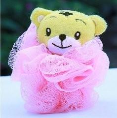 China PE Material Mesh Pouf Bath Sponge , Pink Kids Bath Sponge With Small Animal for sale