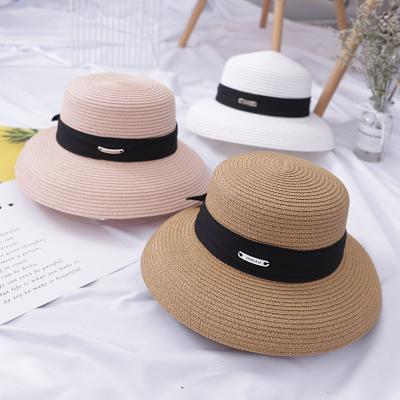 China Eco-Friendly Women Female Beach Sun Summer Foldable Wide Brim Straw Cap With Bowknot for sale