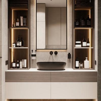 China Eco-friendly Gray Lacquer Double Sink Bathroom Vanity Single Wall Mounted Bathroom Cabinet for sale