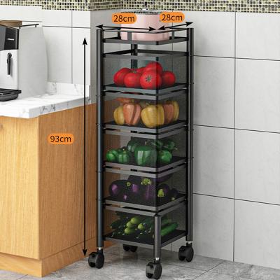 China 360 Degree Rolling Trolley Spice Rack Fruit Storage Viable Vegetable Rack With Rotatable Hollow Drain Basket For Home Metal Kitchen Cart for sale