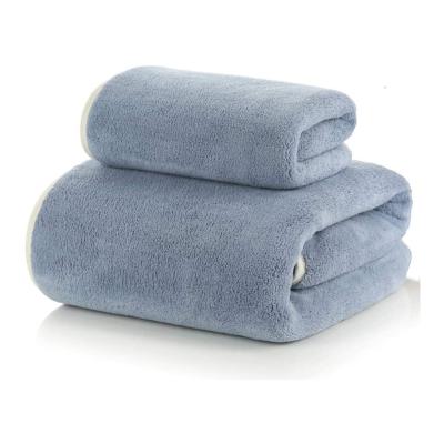 China Sustainable Premium Bath Towel 100% High Density Blue Microfiber Coral Fleece Towel for sale