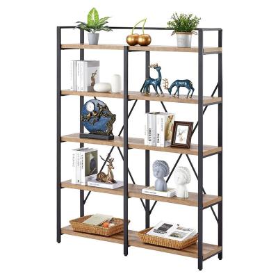 China 5 Tier Environmental Friendly Industrial Bookshelf, Rustic Wooden Etagere Bookcase, Tall Metal Bookshelf With Open Shelving Unit for sale