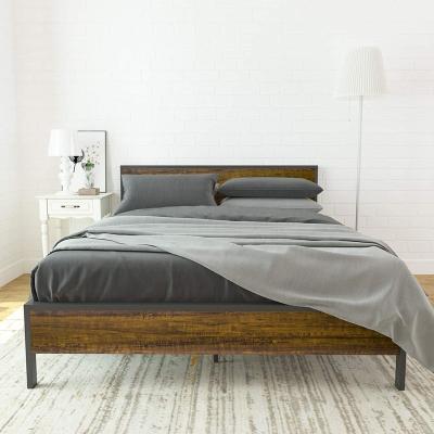 China Modern industrial bedroom furniture metal frame and wood board modern style bed with wood headboard for sale