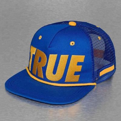 China COMMON Blue Flat Bill With Custom Embroidered Grain Logo Front Snapback Trucker Mesh Gold Rope Cap for sale