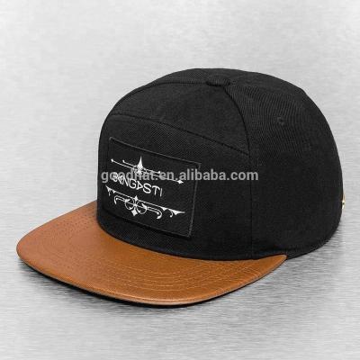 China Character Black 7 Panel Snapback Hat Hip Hop Hat Bill Leather Strap Back Hat for sale