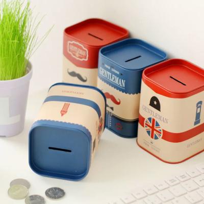 China Eco-friendly Promotional Custom Metal Square Piggy Bank Box Money Saving Tin Can Coin Bank for sale