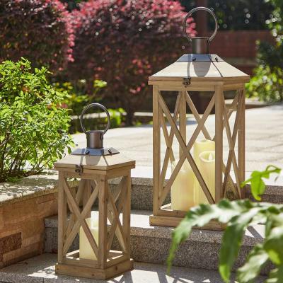 China Art Unique Morden Farmhouse Wood Modern Metal Lanterns Decorative Hanging Candle Lanterns Set of 2 From Factory for sale