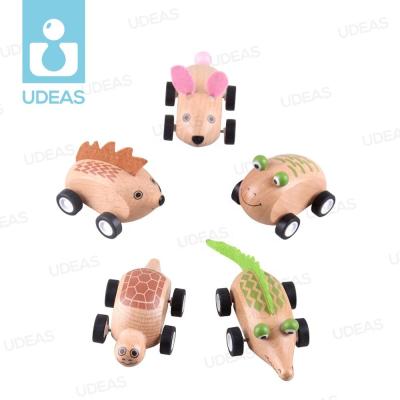 China Water Varnish Wooden Animals Car Pull Back DIY Hedgehog Toys for sale