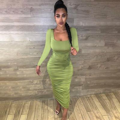 China Sustainable Salon Wear Apparel Ruched Bodycon Dress Autumn Simple Pure Long Sleeve Dresses For Women Spring for sale