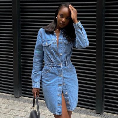 China 2021 Viable Autumn Young Clothes Casual Stylish Women Long Sleeve Button Up Solid Turn-Down Pocket Jeans Dress for sale