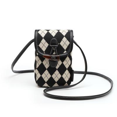 China Fashion Check Fabric Black And White Cross - Body Cell Phone Bag For Women for sale