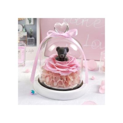 China Romantic Handmade Gift Preserved Rose With Love Bear In Dome Artificial Flowers Glass Creative Gifts On Birthday Party for sale