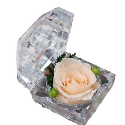 China Romantic Acrylic Jewelry Gift Boxes For Ring Display With Real Eternal Flower for sale