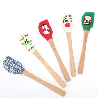 China Viable Silicone Spatula Set Fun Print Rubber Heat Resistant Wood Handle Spatulas Cooking Set for sale