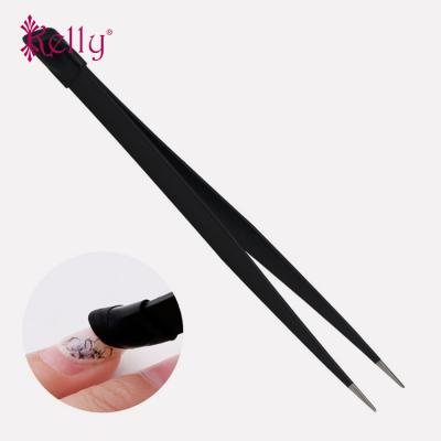 China Anti-Static Black Anti-Static Stainless Steel Nail Tweezers Nail Sticker Pick Up Tools With Pressing Pusher for sale