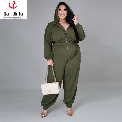 China Breathable L to 4XL plus size zipper fashion drop hooded woman 2021 plus size long sleeve jumpsuit for sale