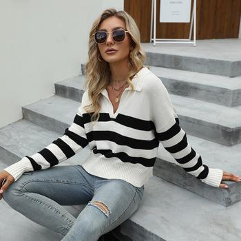 China New autumn and winter long-sleeved sweater contrast color breathable loose striped sweater for sale