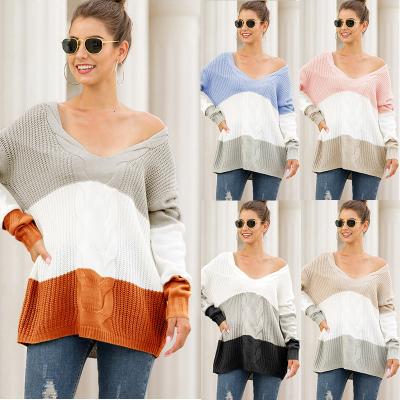 China New Breathable Women Knit Sweater V-Neck Twist Color-block Strapless Pullover Sweaters for sale