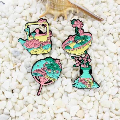 China New Global Colorful Soft Enamel Reverse Pins Beautiful Tea Art Custom Designer Flowers Brooches and Badge Pins for sale