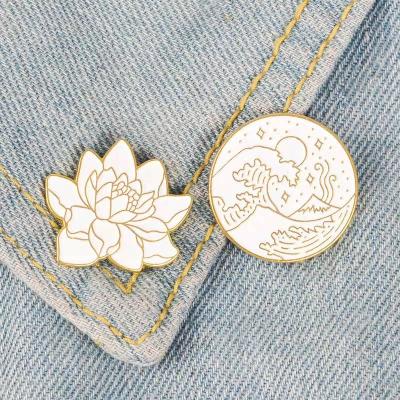 China Global Delicacy Lotus Flower Wave Starry Night Lapel Pin Badges Metal Gold Plated Custom Brooch Pin for sale