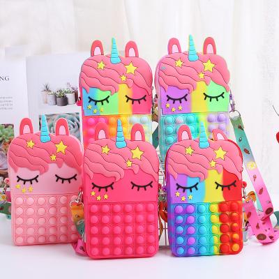 China Eco-Friendly Material Cartoon Kids Purse Messenger Bag Stress Reliever Push Bubble Cross - Rainbow Unicorn Body Silicone Fidget Bags for sale