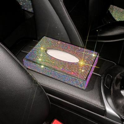 China Luxury Rhinestone Car Tissue Box Women Car Accessories Bling Crystal Tissue Box For Car for sale