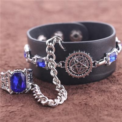 China Service Anime Butler Kuroshitsuji Men Punk Black Leather Chain Bracelets for sale