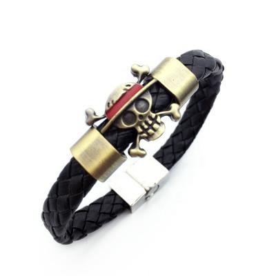 China Hot Selling Punk 21cm Anime Alloy Logo One Piece Woven Bracelet New Leather Bracelet For Unisex Jewelry Bangles for sale