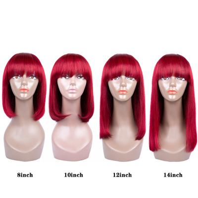 China Indian Hair Straight Blunt Striaght Bob Wigs 10a 12 Inch 150% Density 99J Burgundy Red Color Silky Short 100 Percent With Bang for sale