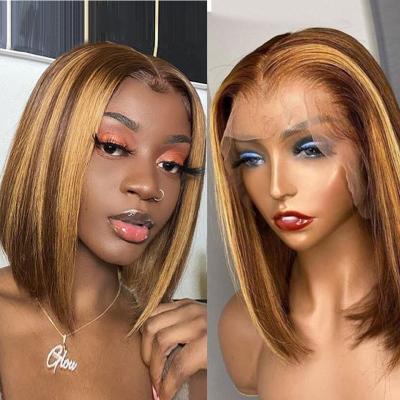 China Silky Straight Bob Wig, Wholesale P4/27 Short Wave Ombre Accent Transparent Virgin Indian Hair T Shape Lace Wig For Women for sale