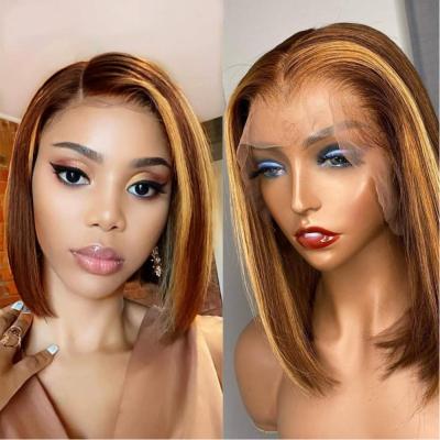 China Cheap P4/27 Straight Ombre Human Hair Lace Wigs For Women Brazilian Raw Hair Transparent Highlight T Shape Lace Front Wig With Baby Hair for sale