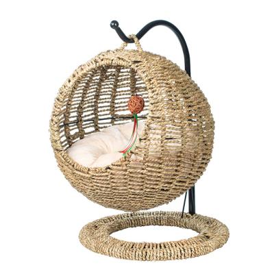 China Breathable Handcrafted Wicker Cat Bed Basket Swinging Pet House Nest For Small Dog Cat With Cushion for sale