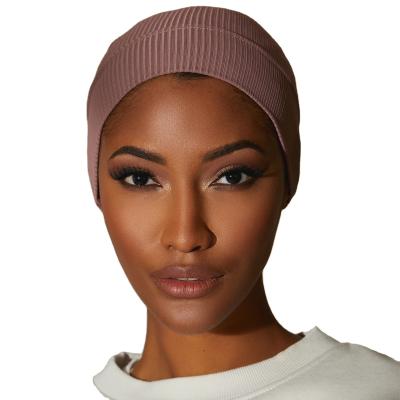 China Women Muslim Turban Hijab 3HM01 Malaysia Indonesia Adult Woman Multicolor Solid Color Ribbed Cotton Knitted Muslim Hat Basing Inner Cap for sale