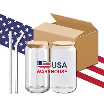 China Sustainable USA Warehouse 16oz 16 oz Clear Frosted Glass Beer Box DIY Sublimation Custom Empty Tumbler Cup With Bamboo Lid And Glass Straw for sale